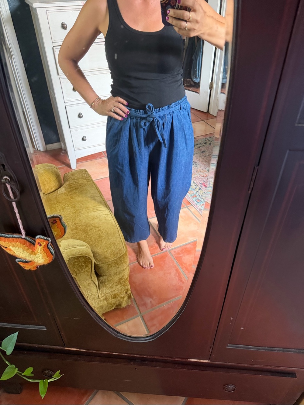 Drawstring Cropped Denim Pants with removable overall straps